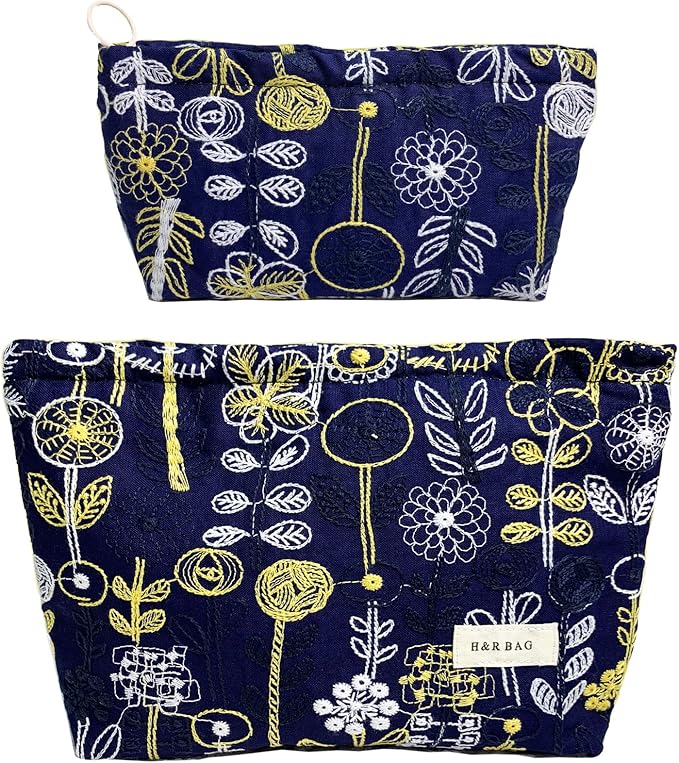 getgto 2 Pcs Makeup Bags, Large Cosmetic Bag Travel Toiletry Bag Organizer for Women, Embroidery Craft, Floral Makeup Bag Small Cosmetic Pouch Purse with Zipper, Gifts for Girls Teen (Blue-tree)