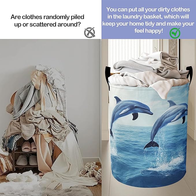 Laundry Basket,Dolphin Jump Large Canvas Fabric Lightweight Storage Hamper Organizer Dirty Clothes Collapsible Waterproof for College Dorms,Bathroom