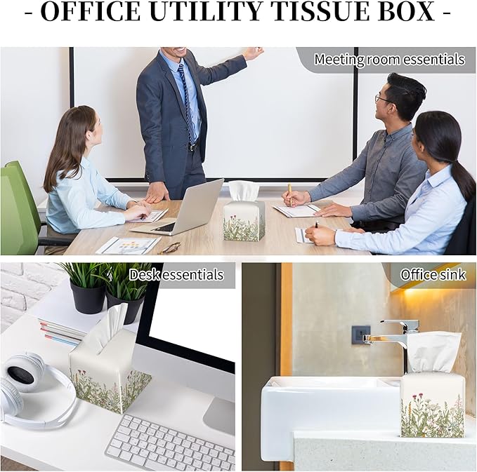 Tissue Box Cover Square, Herbs and Wild Flowers Leather Tissue Box Holder Decorative Organizer for Bathroom, Home Office Car Decor