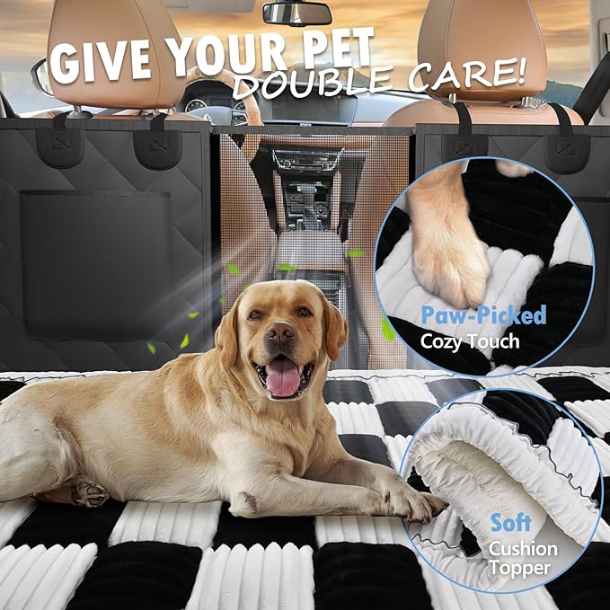 ROUWINNE Backseat Dog Bed Non-Slip, Dog Bed for Car Back Seat Soft and Comfortable, Back Seat Pet Bed Mat for Travel, Pet Car Blanket for Backseat Extender and Seat Covers Checkered (51”X 23.5”)