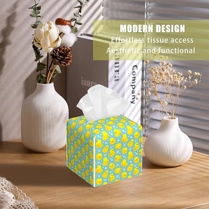 BLYKVGHQ Yellow Rubber Ducks Tissue Box Cover Square, Tissue Box Holder with Bottom Belt Leather Facial Paper Organizer Dispenser for Bathroom Bedroom Dresser Night Stand Tabletop