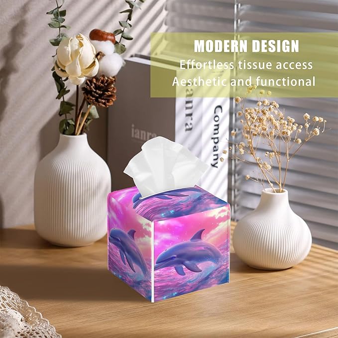 BLYKVGHQ Square Tissue Box Cover Dolphin Jumping Out of The Water Tissue Box Holder Facial Cube Paper Dispenser Leather Decorative Organizer Home Office Desk Decor, 5.2"x5.2"x5.2"