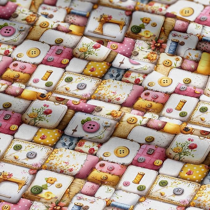 Vintage Sewing Notions Patchwork Cotton Fabric Panel 61 x 36.6 Inches, Buttons & Threads Quilt Print, Soft Pastel Multicolor Tones, 100% Cotton 140 GSM