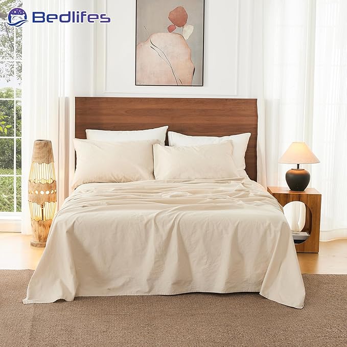 Bedlifes 100% French Pure Linen Sheets California King Size Breathable and Cooling Flax Sheet Set Soft Durable and Moisture Wicking 16 Inch Deep Pocket-4 Piece(Cal King,Linen)