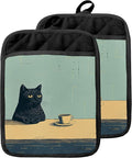 Vintage Coffee Black Cat Pot Holders with Pockets, Cat Kitchen Decor, Retro Quirky Black Kitten Oven Pot Holders Heat Resistant Oven Mitts Hot Pads for Kitchen Baking Cooking