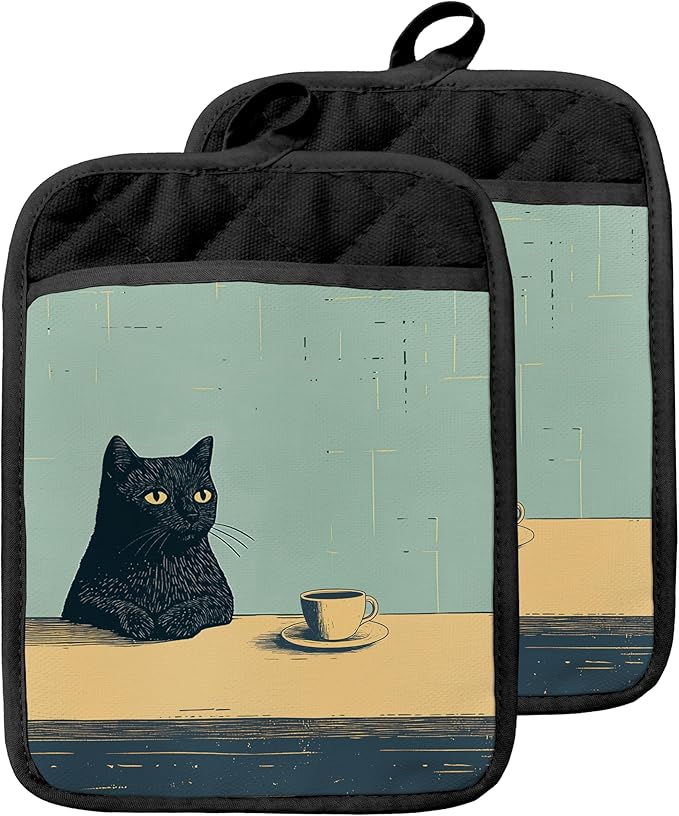 Vintage Coffee Black Cat Pot Holders with Pockets, Cat Kitchen Decor, Retro Quirky Black Kitten Oven Pot Holders Heat Resistant Oven Mitts Hot Pads for Kitchen Baking Cooking