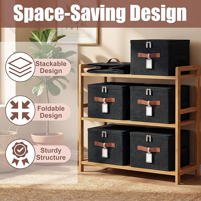 Fiwochic 6 Pack Fabric Storage Bins with Lids and Label, 15x10x10Inch Large Size Foldable Cotton Linen Storage Boxes with PU Leather Handles Holders for Closet, Bedroom, Shelf, Nursery, Black