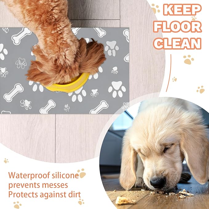 Eizlang Grey Dog Cat Food Mat,12"x20" Inches Rapid Absorbent Pet Feeding Mat,Pets Placemat Water Bowl Mats with Rubber Backing,No Stains Cat Dog Feeding Mats Indoor,Pet Accessories Supplies