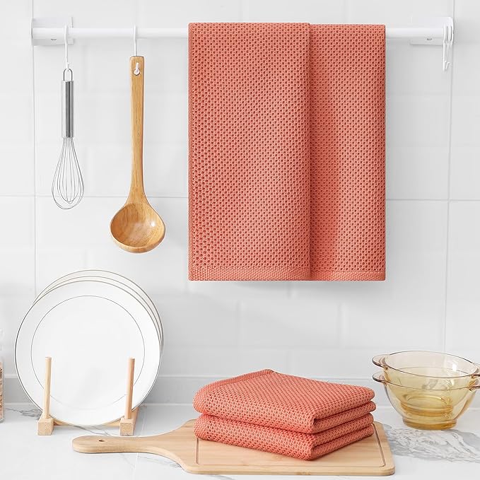 Kitinjoy 100% Cotton Waffle Weave Kitchen Towels, 4-Pack Super Soft and Absorbent Dish Towels for Drying Dishes, Kitchen Hand Towels, 13 in x 28 in, Coral