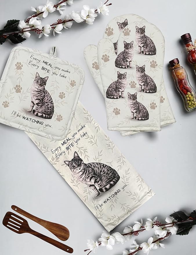 Silver Tabby cat 3-Piece Kitchen Set - Oven Mitt, Pot Holder & Kitchen Towel Set, Heat Resistant up to 420 F, Soft Quilted Cotton for Cooking, Baking, BBQ, Pet Lover Gifts (Tabby Silver Cat)