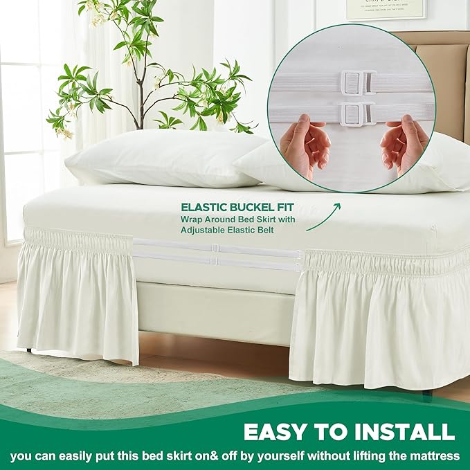 Biscaynebay Wrap Around Bed Skirts for Full & Full XL Beds Short Drop of 12", Ivory Adjustable Elastic Dust Ruffles Easy Fit Wrinkle Resistant Silky Luxurious Fabric Machine Washable