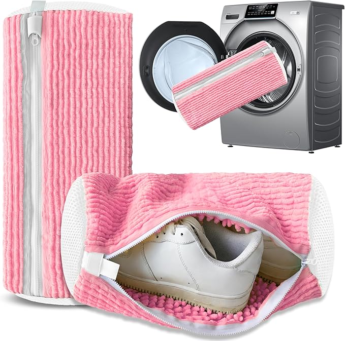 Xinambyh 2Pcs Reusable Shoe Washing Machine Bag for Washer and Dryer:Free Up Hands, Prevent Deformation,shoe bag with Zipper Protection Design, Use for all Shoes,Sports Shoes(Yellow) (A-Pink)