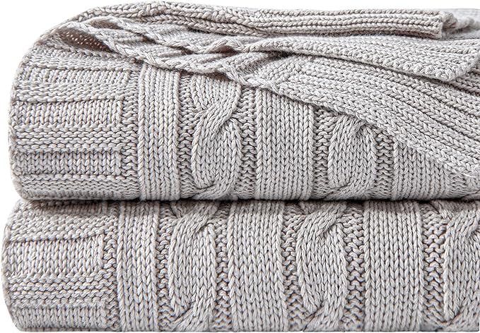 NTBAY 100% Pure Cotton Oversize (60x80) Cable Knit Throw Blanket, Super Soft Warm Knitted Throw Blanket for Bed, Sofa, Chair, Couch - Extra Cozy, Machine Washable, Comfortable Home Decor, Silver Grey