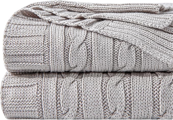NTBAY 100% Pure Cotton Cable Knit Throw Blanket, Super Soft Warm 51x67 Knitted Throw Blanket for Couch, Sofa, Chair, Bed - Extra Cozy, Machine Washable, Comfortable Home Decor, Silver Grey
