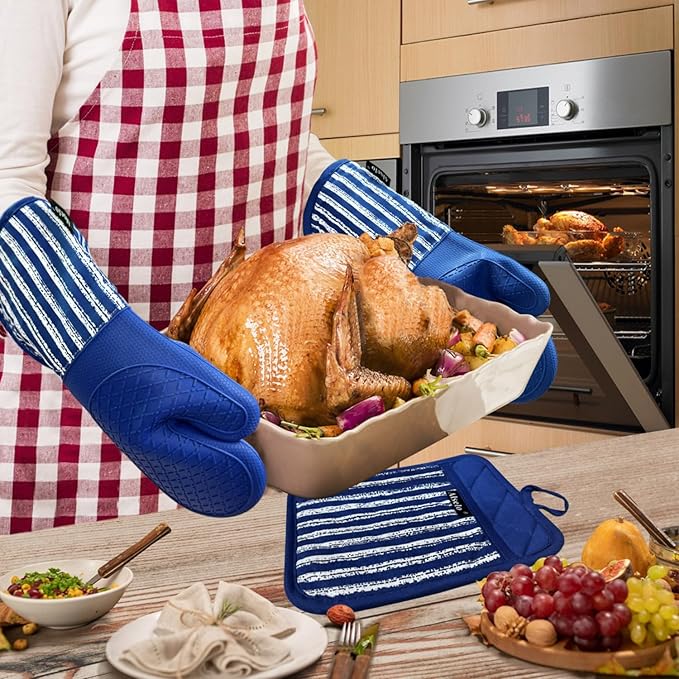 Silicone Oven Mitts Heat Resistant 932℉ with Waterproof & Non-Slip Kitchen Mittens, Set of 2 Extra Long Oven Gloves with Soft Cotton Terry Lining for Baking Cooking Barbecue (Cobait Blue, 2)