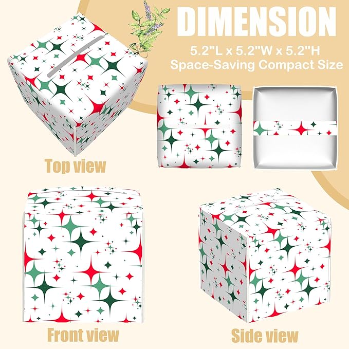 BLYKVGHQ Square Tissue Box Cover Retro Christmas Stars Tissue Box Holder Facial Cube Paper Dispenser Leather Decorative Organizer Home Office Desk Decor, 5.2"x5.2"x5.2"