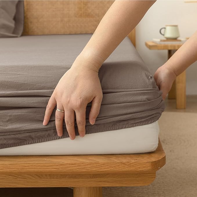 BESTOUCH Sheet Set 100% Washed Cotton Linen Feel Super Soft Comfortable Chic Lightweight 4 Pcs Home Bedding Set Solid Pine Bark Brown King