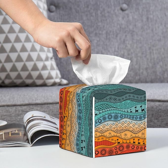 POIUBLE African Tribal Tissue Box Cover Leather Tissue Box Holder Square Facial Paper Organizer Dispenser for Bathroom Kitchen Bedroom Vanity Countertop Night Stands