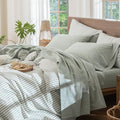 MooMee Bedding Sheet Set 100% Washed Cotton Linen Like Textured Breathable Durable Soft Comfy (Heathered Sage Green, Full)