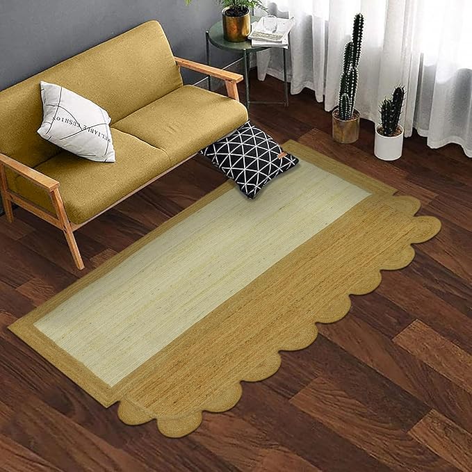 Scalloped Edge Rug, Hand Woven Natural Jute Area Rug, 4x6 Ft Beige & Brown Braided Sisal Kilim Rugs for Living Room, Kitchen, Entryway, Farmhouse
