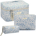 Zeyune 3 Pcs Makeup Bag Quilted Cosmetic Bags Large Floral Makeup Bag Set for Women Cotton Flower Travel Toiletry Storage Cute with Zipper for Women Mom Birthday Gift Home Bathroom(Blue Flower)