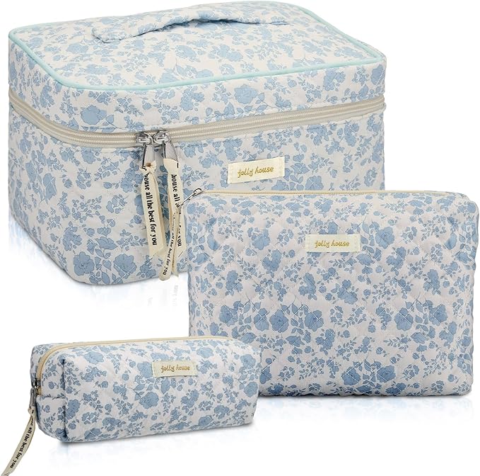 Zeyune 3 Pcs Makeup Bag Quilted Cosmetic Bags Large Floral Makeup Bag Set for Women Cotton Flower Travel Toiletry Storage Cute with Zipper for Women Mom Birthday Gift Home Bathroom(Blue Flower)