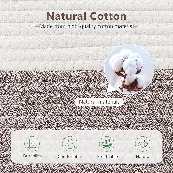 ECDYQXVU Cotton Rope Basket, Storage Baskets with Handle, 15x10x9 Inch Woven Basket for Shelves, Laundry, Towels, Clothes, Books (White Brown 2 Pack)