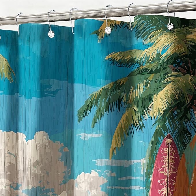 mutakin Coastal Surfboard Shower Curtain Tropical Palm Tree Shower Curtains for Bathroom Waterproof Fabric Bath Curtain Decor with Hooks