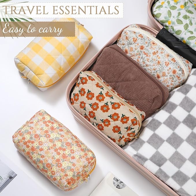 Paterr 10 Pcs Quilted Makeup Bag Bulk Cotton Floral Cosmetic Bag Women Girls Bridesmaid Gifts Cute Makeup Pouch Coquette Aesthetic Travel Toiletry Organizer(Yellow Floral,7.87 x 4.72 x 3.15 Inches)