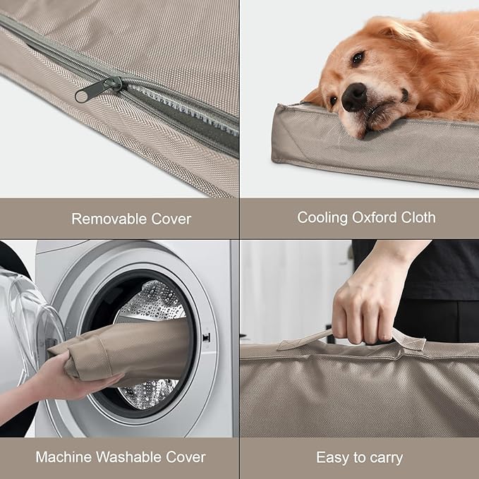 Tail Stories Large Outdoor All Weather Dog Bed, Waterproof Pet Bed for Large Dogs, Orthopedic Egg Crate Foam with Washable Removable Oxford Cooling Cover, 36x27 Inch, Khaki