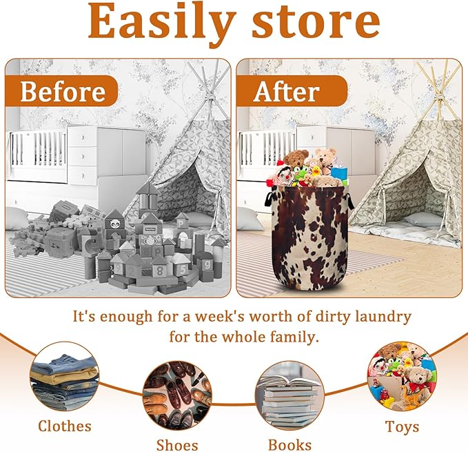 Brown Cow Skin Print Laundry Basket with Sturdy Handles, Nature Cowhide Collapsible Oxford Cloth Laundry Hamper Organizer Basket for Bathroom Bedroom 15.7x20 Inch