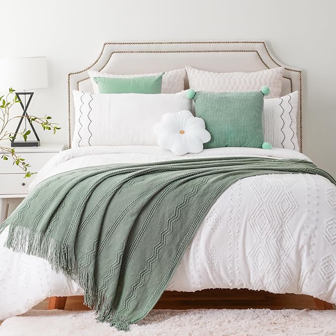 BATTILO HOME Sage Green Throw Blanket for Couch, Sage Green Decor, Knit Throw Blankets for Bed, Spring Throw Blanket Light Blue, 50"x60"