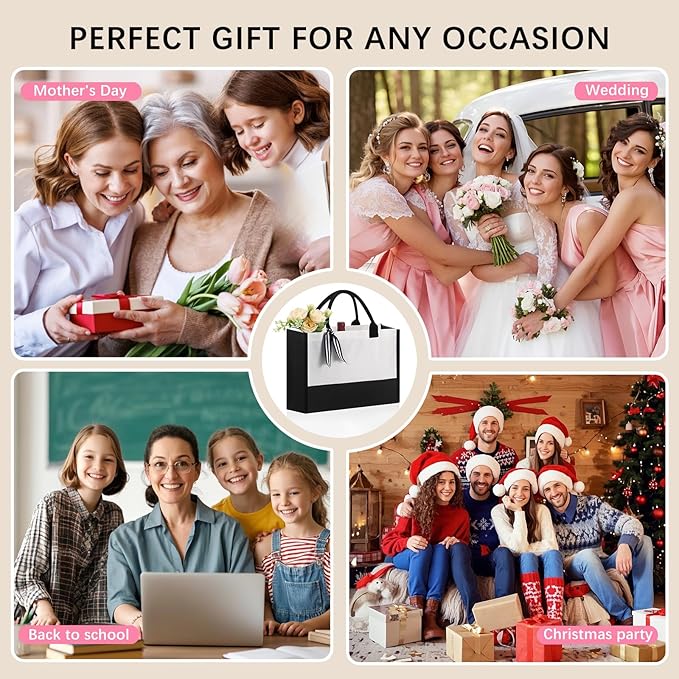 OKBA 10 PCS Personalized Classic Canvas Tote Bag(Black and White),Inside Zipper Pocket Grocery Tote DIY Gift,for Wedding,Birthday,Beach,Perfect Gifts for Women,Mom,Teachers,Friends