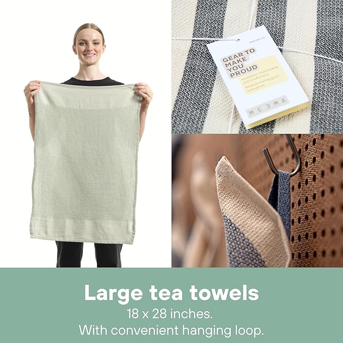 MEEMA Kitchen Towels and Dishcloths Sets of 4 | Large 18 x 28 Inch | Upcycled Cotton Tea Towels for Kitchen | Super Absorbent | Sage Green | Hand Towels