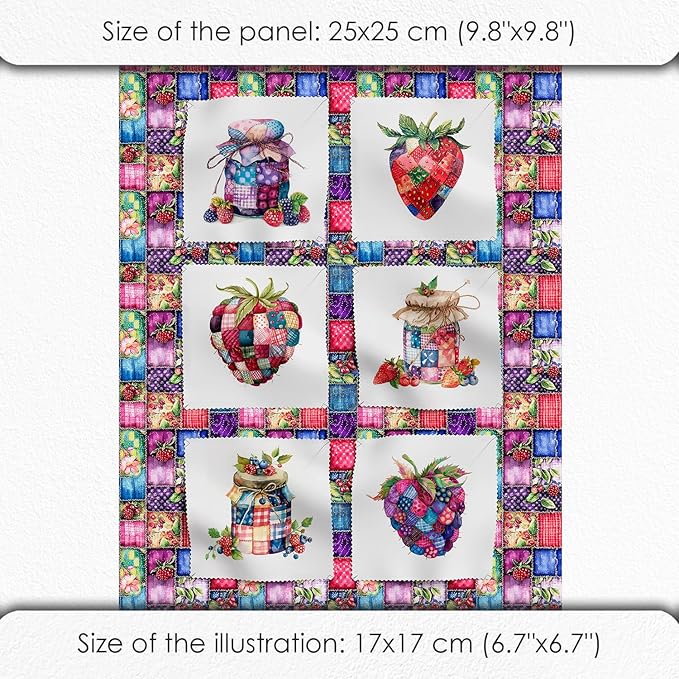 Patchwork Berry Jar Cotton Fabric Panel – 6 Designs (10×10 inch Each) + Bonus Sheet 29.5×19.6 inch, 100% Cotton 140 GSM, Made in Türkiye