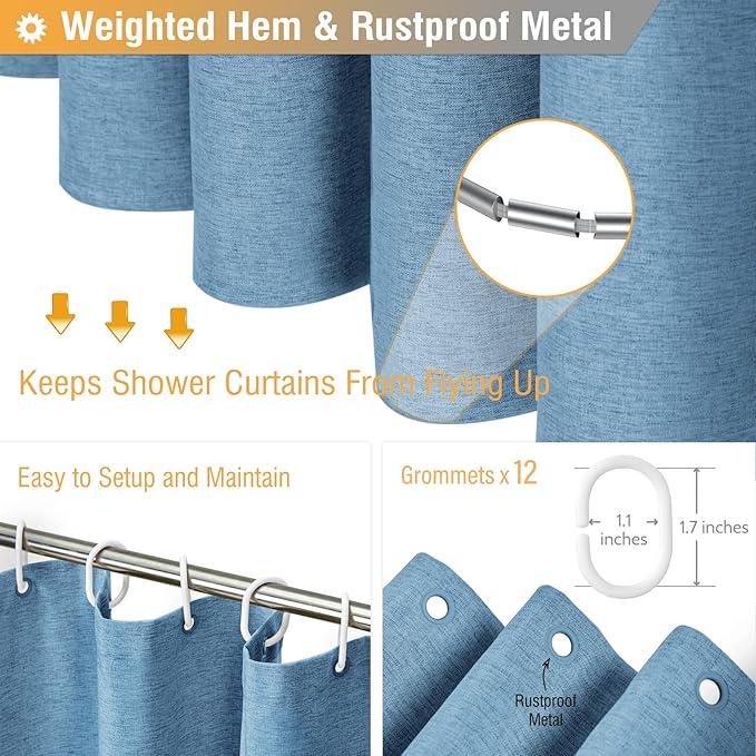 BTTN 78 Inch Long Shower Curtain - Blue Linen Textured Thick Weighted Fabric Shower Curtain Set with 12 Hooks, Tall Neutral Waterproof Polyester Shower Curtains for Bathroom - 72x78 - Moonlight Blue