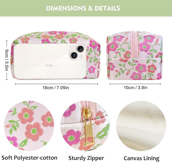 STARDW Cute Floral Makeup Bag for Women, Large Capacity Travel Toiletry Bag with Zipper and Canvas Lining
