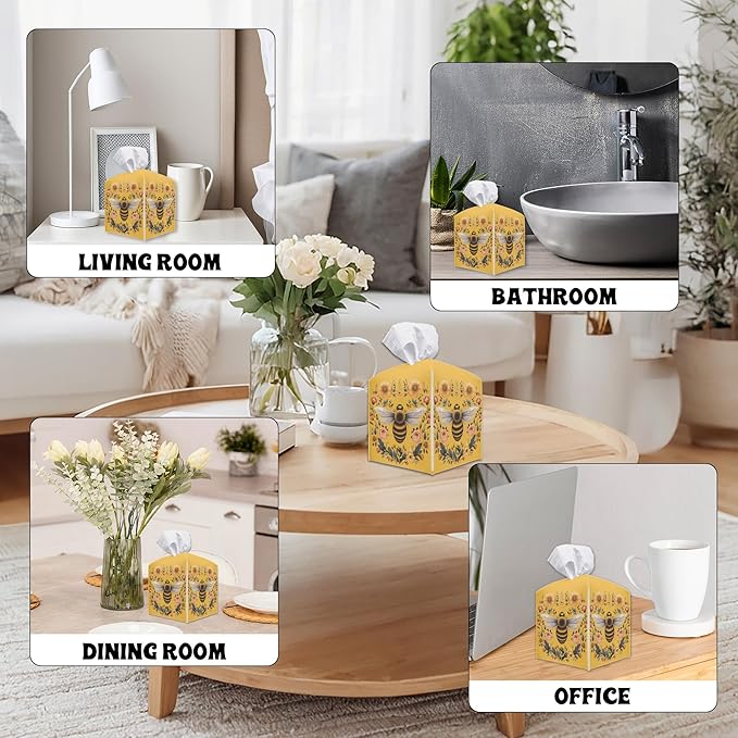 Floral Bee Square Tissue Box Holder Cover, Tissue Cube Box Organizer for Bathroom, Living Room, Office, Countertop, Car, Night Stands, Modern Home Desk Tabletop Decor - A03