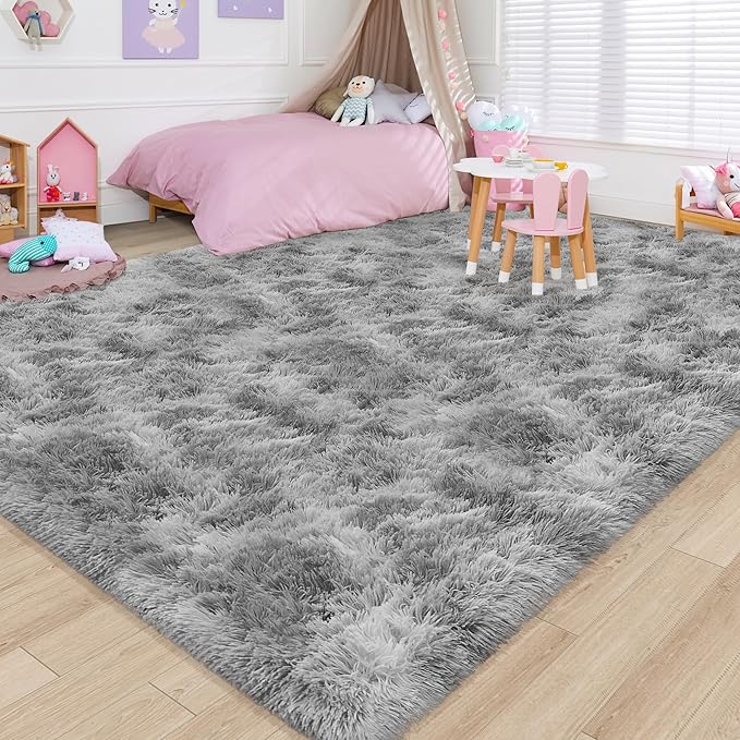 8x10 Area Rugs for Living Room Soft Fluffy Grey and White Rug for Bedroom Under Bed Modern Plush Tie Dyed Gray Shag Carpets Furry Playing Mat for Kids Girls Boys Room Playroom Nursery Dorm