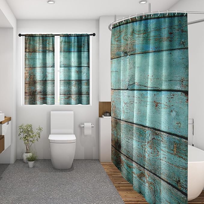 Culudea Turquoise Wooden Shower Curtain Set, Teal Green Blue Bathroom Window Waterproof Shower Curtain Set for Bathroom Decor