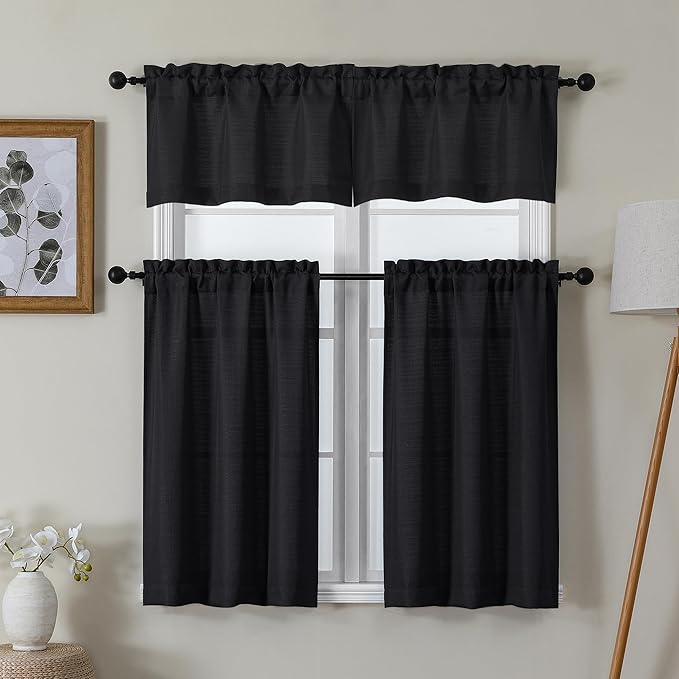 Lecloud Bessie Black Kitchen Curtains 24 Inch Length 2 Pieces, Faux Linen Textured Window Short Curtains, Rustic Tiers Curtain for Living Room Bedroom Cafe Bathroom, Each 30 W x 24 L