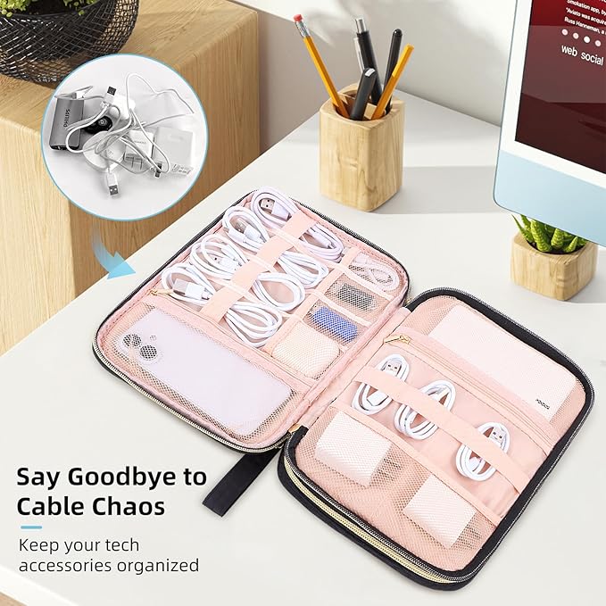 ZFZGFRCS Electronics Organizer Travel Case, Charger Bag Cord Organizer Travel, All-in-One Cable Organizer Bag for Charger, Cords, Phone, Headphones, Flash Drive, SD Card (Black, Large-Double Layer)