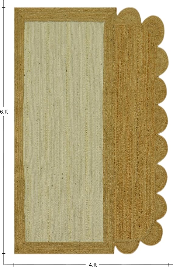 Scalloped Edge Rug, Hand Woven Natural Jute Area Rug, 6x8 Ft Beige & Brown Braided Sisal Kilim Rugs for Living Room, Kitchen, Entryway, Farmhouse