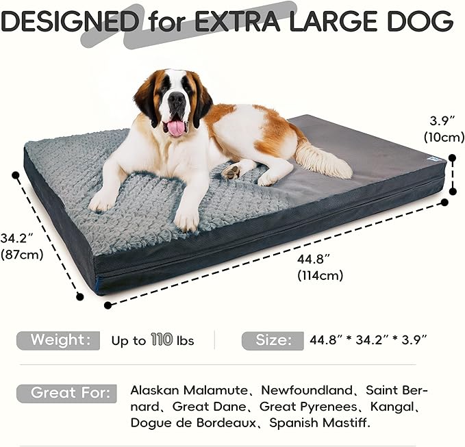 Sytopia 42" Dog Bed for Large Dogs – Waterproof, Washable, Removable Cover, Thick Orthopedic Support, Durable Multi- Size Comfort Clearance Indoor Flat Dog Bed, Dark Grey