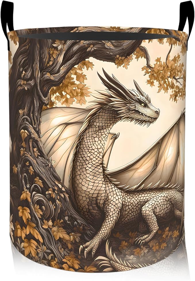 ainori Autumn Dragon Laundry Basket, Oxford Cloth Mythical Fantasy Dirty Clothes Collapsible Hamper for Room Decor, Fall Forest Print Gifts Toy Organizer 19.7 * 15.8 Inch for Bedroom Bathroom Dorm