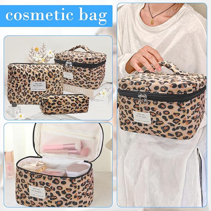 Cozomga Quilted Makeup Bag, Large Capacity Travel Cosmetic Bag for Women and Girls, Aesthetic Storage for Daily and Travel Use (3pcs-Classicleopard)
