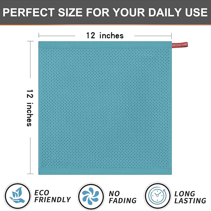 Kitinjoy 100% Cotton Kitchen Dish Cloths (12 X 12 Inches, Lake Blue),6 Pack Waffle Weave Ultra Soft Absorbent Dish Towels for Drying Dishes Quick Drying Kitchen Towels Dish Rags