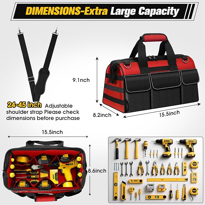 16-Inch Heavy Duty Tool Bag, 19-Pockets Tool Box Organizer, Portable Toolbag W/Soft Handle for Organized Storage, Mechanic Gifts for Him Men Husband Valentines Day, Wide Mouth Electrician Toolbox, Red
