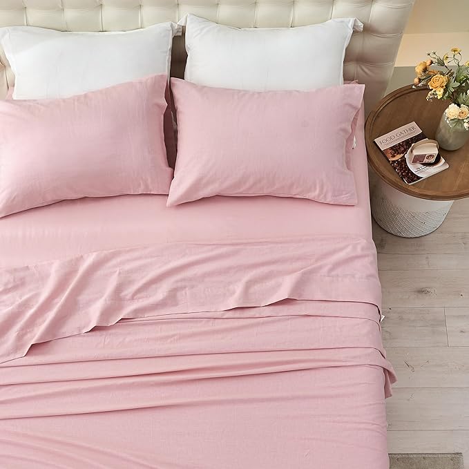 Simple&Opulence Belgian Linen Sheet Set Solid Color - 4 Pieces (1 Flat Sheet & 1 Fitted Sheet & 2 Pillowcases) Natural Flax Cotton Blend Soft Bedding Breathable Farmhouse - Pale Pink, King Size