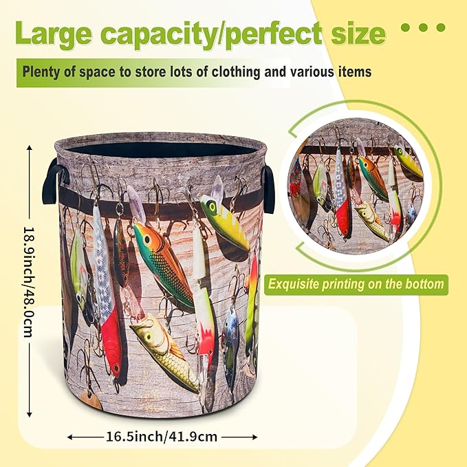 Fishing Laundry Basket Funny Fish Foldable Waterproof Oxford Cloth Tote Bag Laundry Hamper Round Large Clothes Storage Bucket Toy Organizer For Bathroom/Laundry Storage/Bedroom 18.9x16.5 Inch